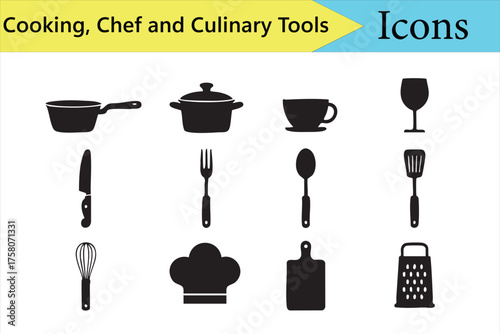 Modern flat kitchen tools collection featuring knife, spoon, and fork