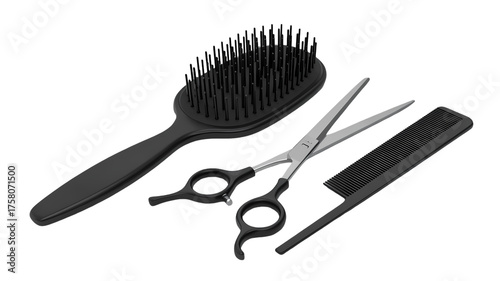 Hairdressing tools including comb, scissors and hairbrush isolated on transparent background