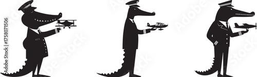 A playful black silhouette illustration of crocodile airline pilots holding small airplanes, creative cartoon vector for aviation themes, travel posters, flight school mascots, and aviation humor desi
