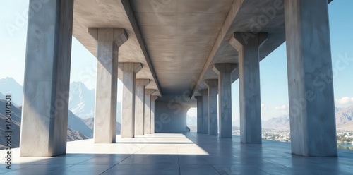 Modern concrete pillars holding a futuristic building , abstract, support