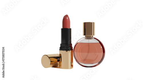 Lipstick and perfume bottle isolated on transparent background for beauty concept
