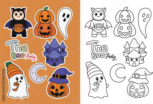 happy Halloween Party stickers. with witch,punpkin,castle,thebooparty,pumpkin,half moon, ghost,