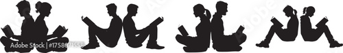 Silhouette of two people sitting back to back reading books — concept of friendship, study partners, love for reading, education, communication, connection, and peaceful learning in black and white il