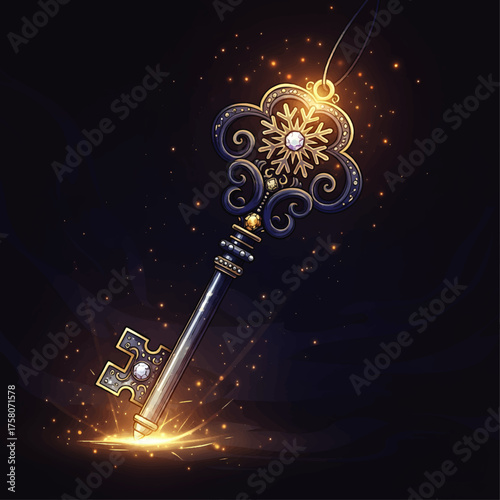 A glowing, ornate key suspended in darkness, radiating light and intricate details.