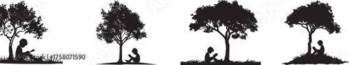Silhouette of child sitting under tree reading book — concept of imagination, childhood learning, peace, solitude, outdoor education, nature connection, mindfulness, and creative thinking illustration