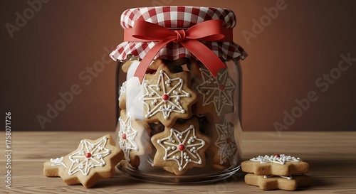 A glass jar filled with star-shaped Christmas cookies decorated with white icing and red accents, tied with a red ribbon and a checkered cloth.