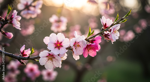 Close-up of delicate pink and white almond blossoms on a tree branch during golden hour.