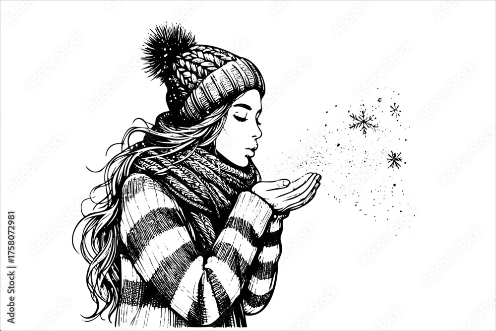 Woman with a hat and scarf blowing snow. She is wearing a striped sweater. The snow is falling from the sky