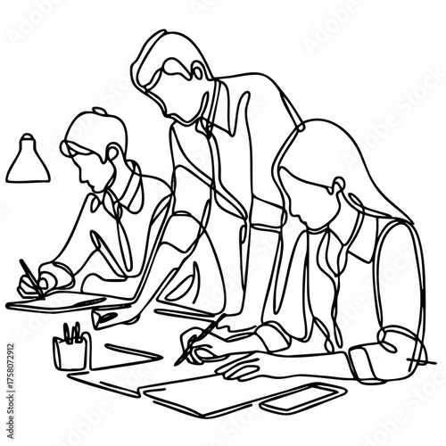 Three people are sitting at a table and writing. One of them is writing with a pen. The table has a cell phone and a book