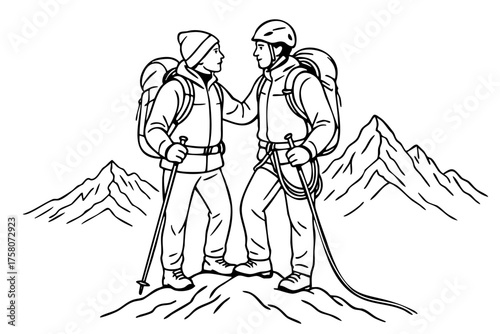 Two men are standing on a mountain. One of them is wearing a backpack. The other man is wearing a hat