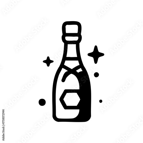 Bottle of champagne with a cork on top. The bottle is black and white