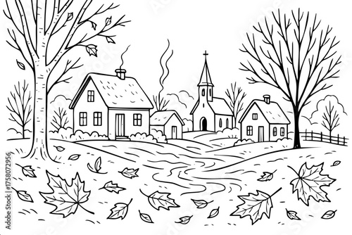 Drawing of a rural scene with houses, a church, and a tree. The houses are small and there are many leaves on the ground