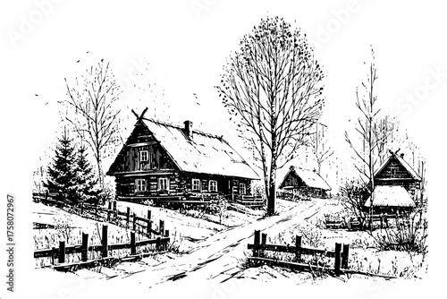 The image is a black and white drawing of a rural scene with a house, a barn, and a tree. The house is located on the left side of the scene, while the barn is situated on the right side
