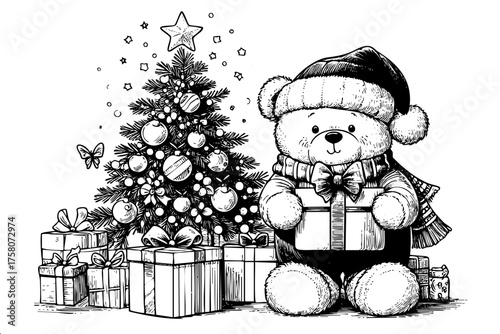 Teddy bear is holding a present in front of a Christmas tree. The tree is decorated with many ornaments