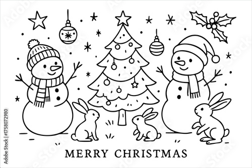 Picture of two snowmen and two rabbits in front of a Christmas tree. The snowmen are holding carrots and the rabbits are holding carrots as well. The picture is titled Merry Christmas