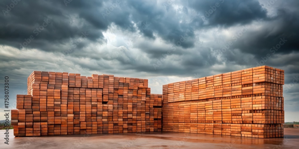 Fototapeta premium Awaiting Stormy Weather Stacks of Rectangular Clay Bricks on a Flat Surface