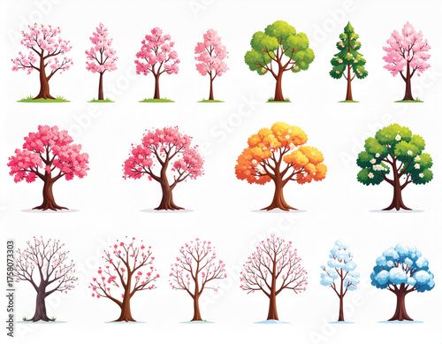 A collection of diverse trees in various seasons and colors, showcasing different species and their seasonal foliage.