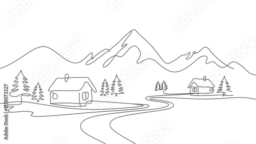 Line drawing of coastal houses with boats and trees in a simple landscape illustration style silhouette