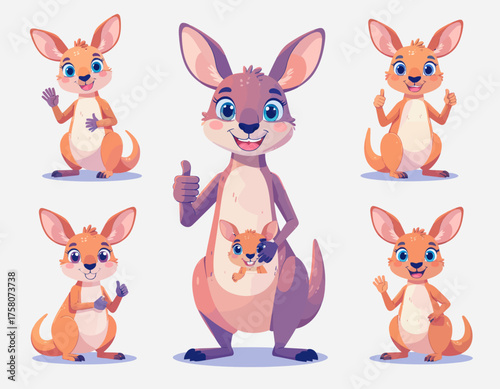 Cute Cartoon Kangaroo Character Set - Mother and Joey Mascots with Various Poses Vector