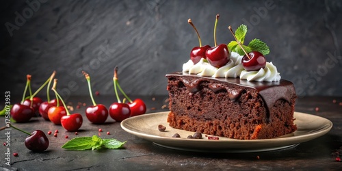 A decadent slice of rich chocolate cake, generously topped with creamy frosting and adorned with luscious cherries and a sprig of refreshing mint, presented on an elegant plate