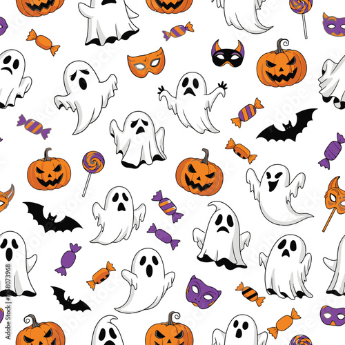 Spooky halloween ghosts pumpkins and candy seamless pattern vector
