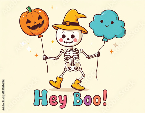 A cute cartoon skeleton wearing a witch hat and boots, holding a pumpkin balloon and a cloud balloon, with "Hey Boo!" text below.