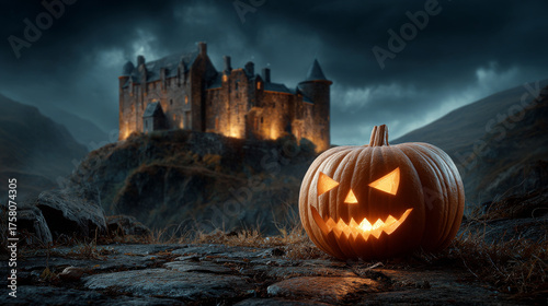 Halloween pumpkin lattern with medieval castle on background