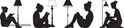Silhouette illustration of women sitting and reading under floor lamps, representing relaxation, study time, mindfulness, and self-education — perfect for learning, lifestyle, and design concepts