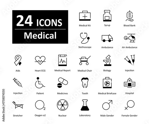 A set of 24 medical icons as medical kit, syrup, blood bank