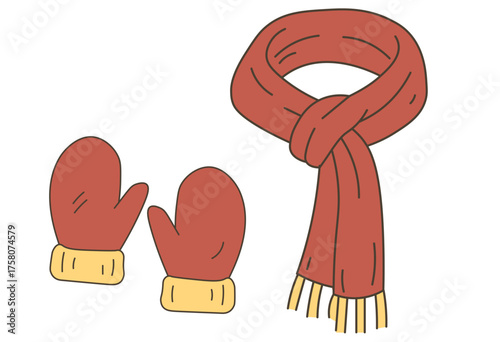 Warm red scarf and mittens flat vector illustration for cozy winter fashion design