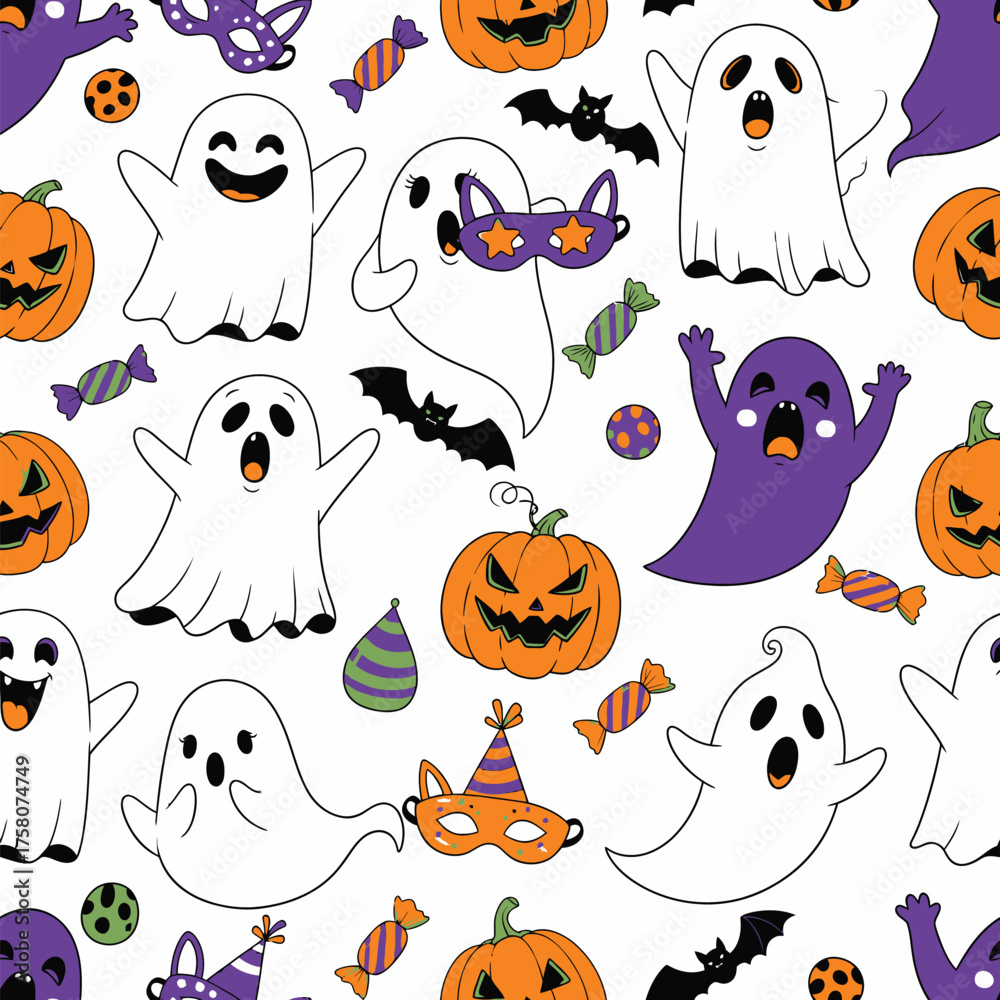 Naklejka premium Seamless halloween pattern with ghosts pumpkins and bats vector