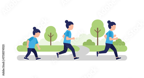 Woman's progress in jogging from walking to running outdoors