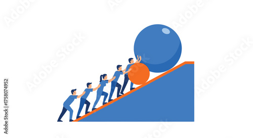 Teamwork Effort Pushing Heavy Sphere Upward Against Resistance