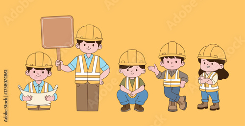 Safety characters at construction sites. Minimal line illustration design.