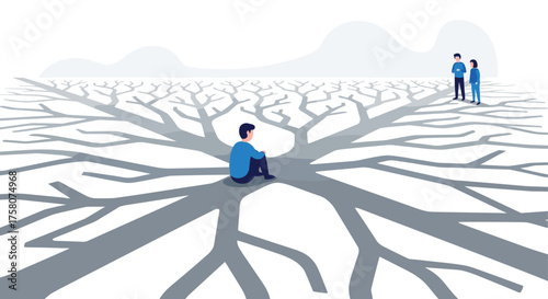 Person sitting at a crossroads contemplating life path decisions surrounded by multiple branching opportunities and others observing from a distance