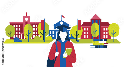 Student Graduate Walking Toward University Buildings With Trees and Books in Background