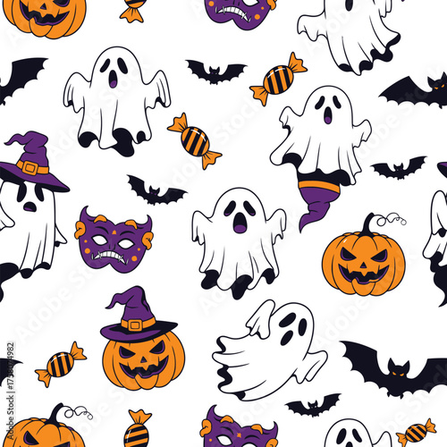 Spooky halloween ghosts pumpkins bats and candy pattern vector