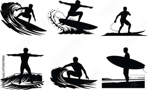 Surfer silhouettes, wave riding, beach stance, aerial maneuver, surfboard control, black icons, vector illustration, ocean sport, dynamic motion, lifestyle energy