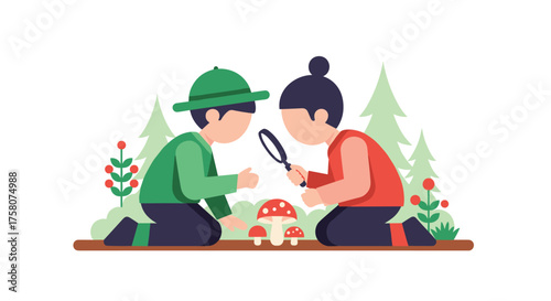 Two Young Explorers Discovering a Tiny Mushroom in the Forest
