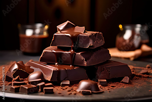 Assorted dark chocolate truffles surround a square of dark chocolate, all resting on a bed of cocoa powder, highlighting their luxurious texture and richness. Generative AI