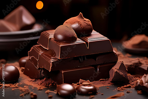 Assorted dark chocolate truffles surround a square of dark chocolate, all resting on a bed of cocoa powder, highlighting their luxurious texture and richness. Generative AI