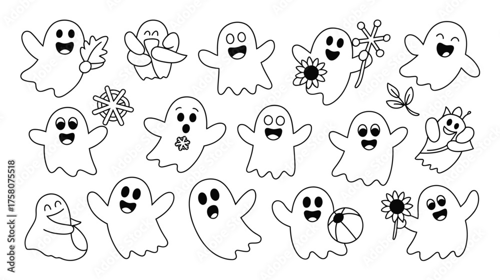 Fototapeta premium Collection of cute cartoon ghosts with different accessories in a white background halloween theme design silhouette