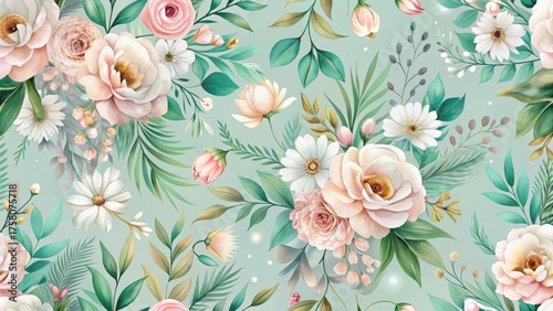 Elegant Seamless Pattern of Delicate Pastel Blooms and Lush Greenery on a Soft Mint Background