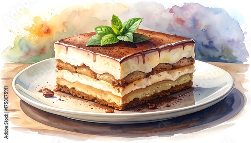 Watercolor Tiramisu Dessert with Basil Garnish on White Plate.