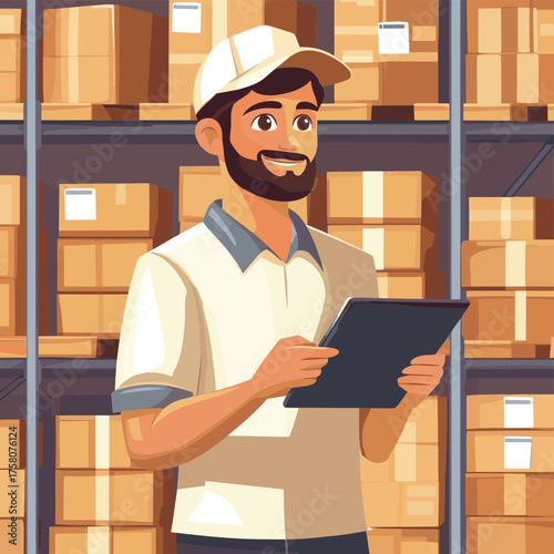 Warehouse manager checks the availability of goods. The worker holds a tablet in his hands against the background of racks with boxes , vector style simple color