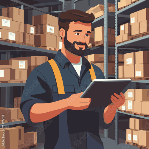 Warehouse manager checks the availability of goods. The worker holds a tablet in his hands against the background of racks with boxes , vector style simple color