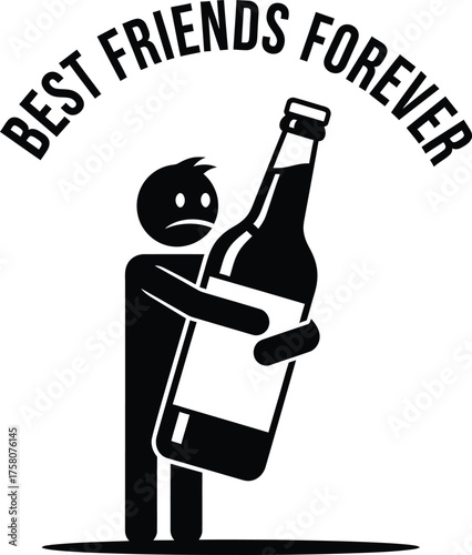 alcoholic addiction stick figure hugging bottle, best friends forever, negative habit