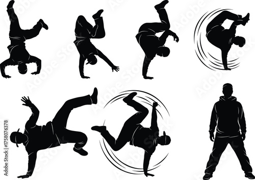 Breakdance silhouettes, dynamic poses, street dance, flips, handstands, motion lines, black icons, vector illustration, athletic movement, freestyle energy