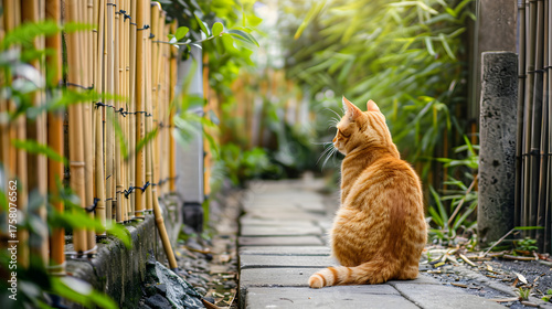 Orange cat on a bamboo path