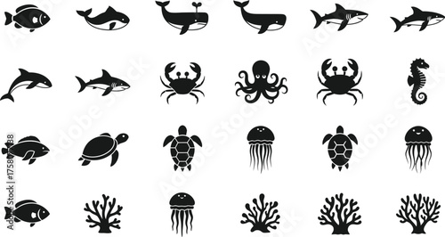 Collection of marine life silhouettes including fish whales sharks crabs octopuses sea turtles seahorses and coral isolated on transparent background